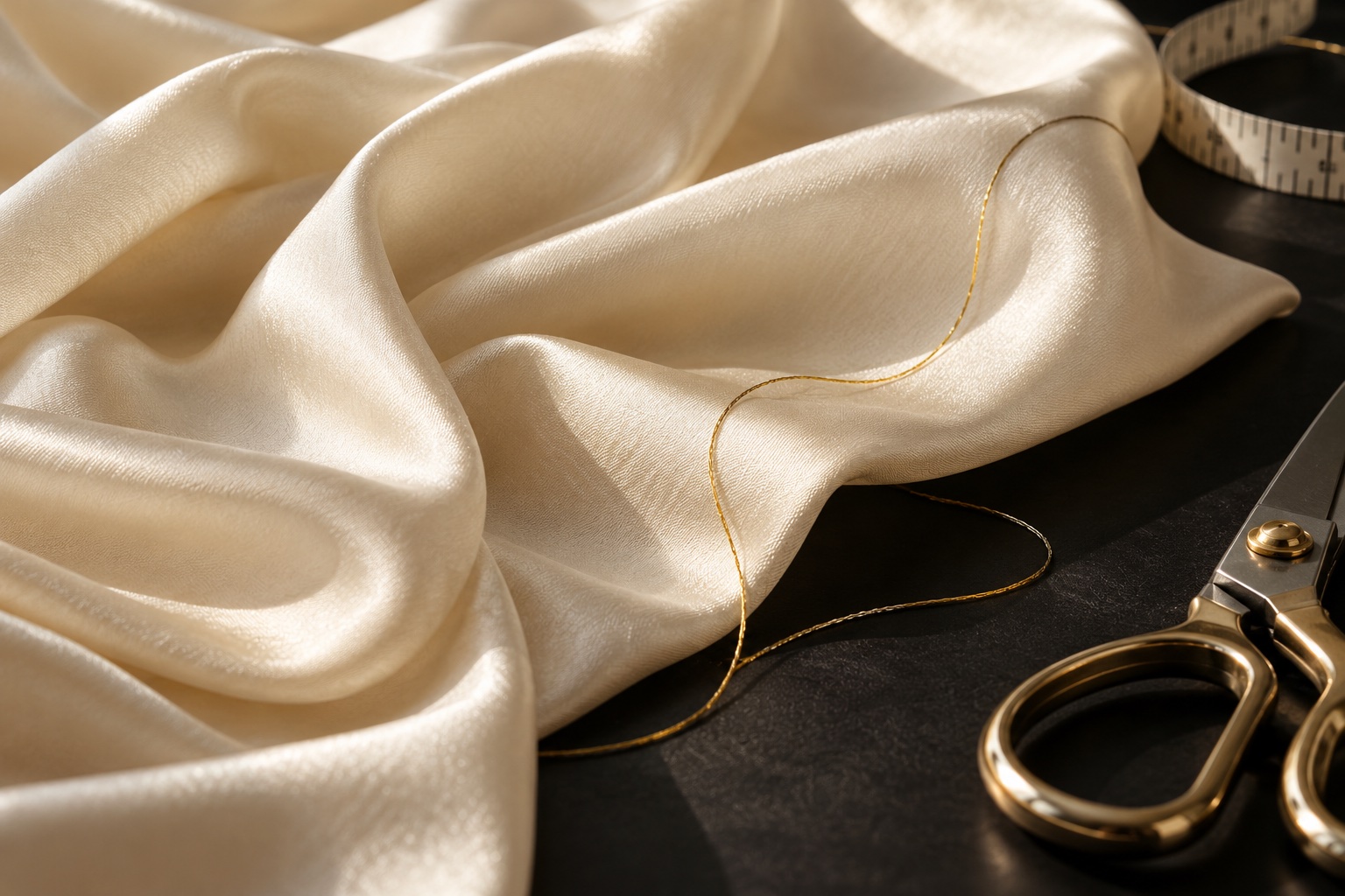 Illustrative ivory fabric with gold thread and dressmaking scissors